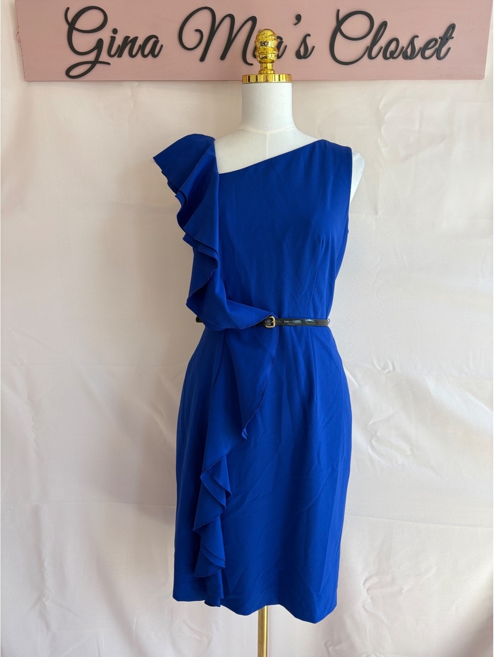 Calvin Klein Women's Blue Ruffle Dress with Belt, Size 4